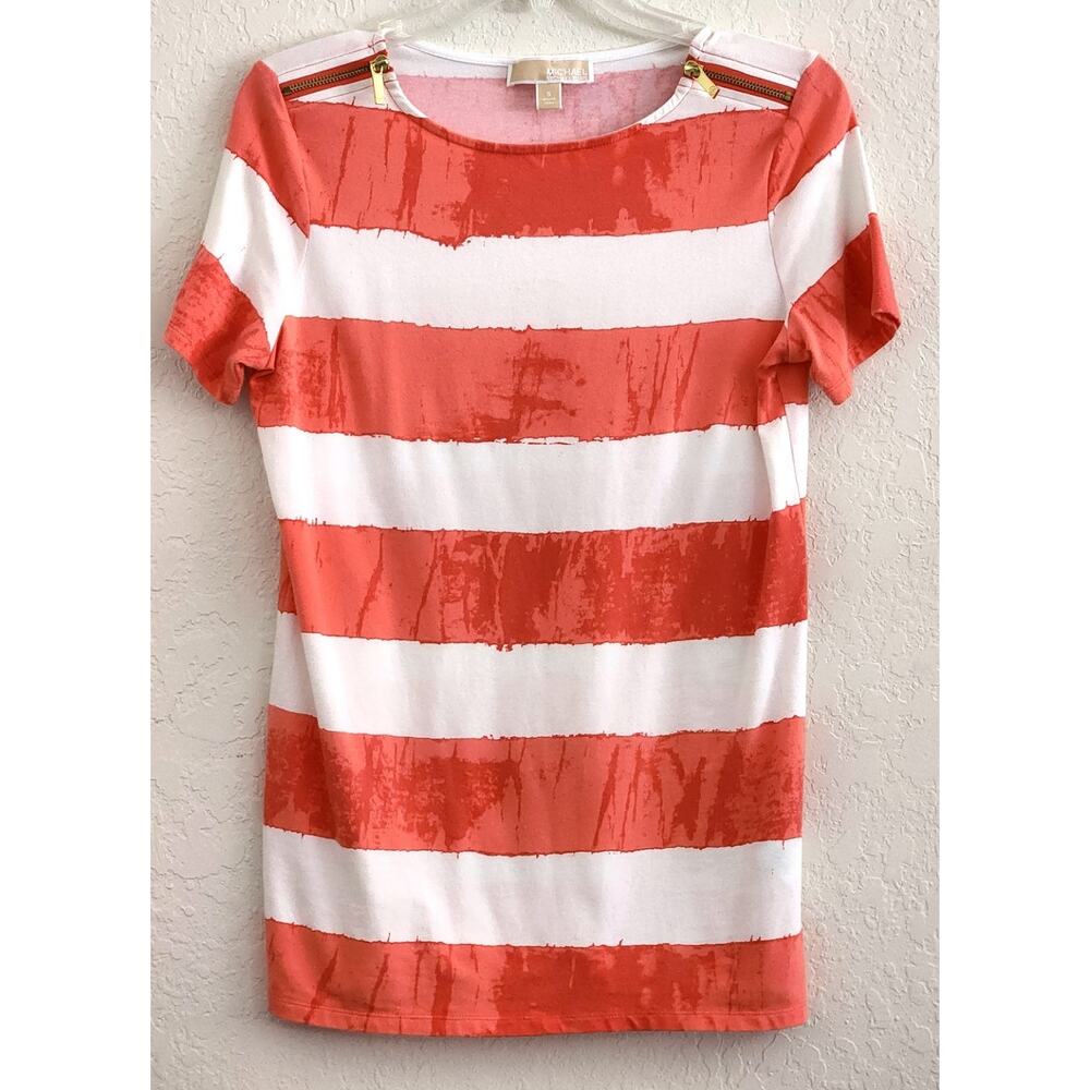 Top/Blouse-Michael Kors-Striped-White Orange-Shoulder Zippers-Pullover-Size SM